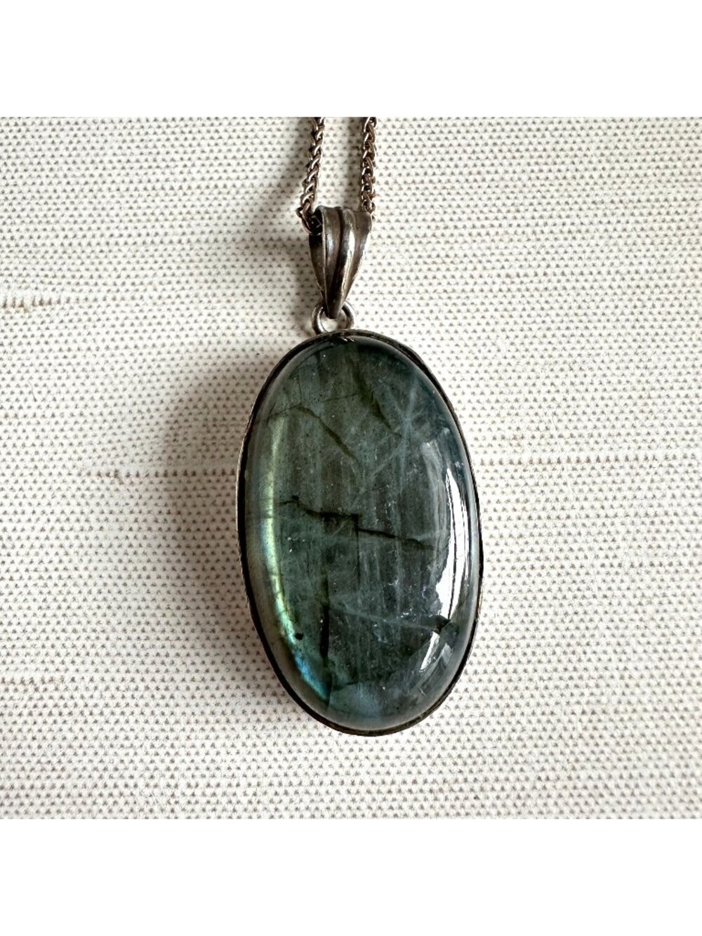 Sterling Silver Labradorite Pendant Large Oval Cabochon Blue Flash
